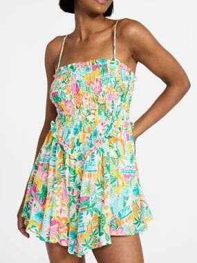 Tropical Print Smocked Romper - Multicolor